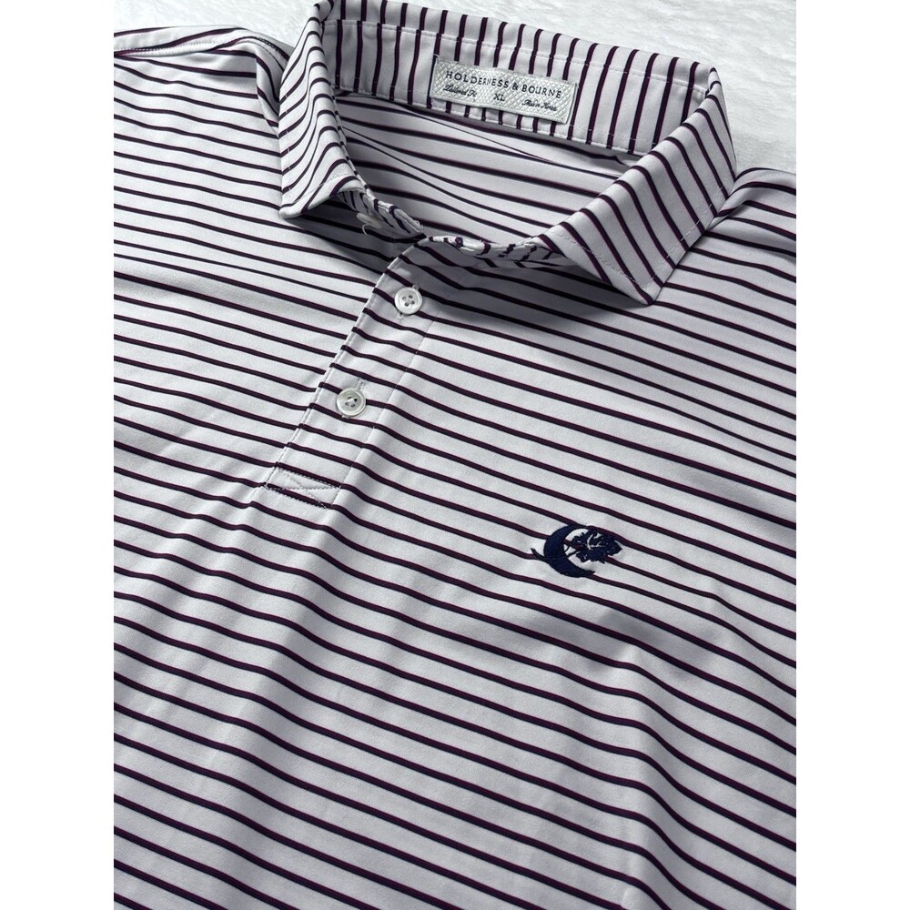 Holderness & Bourne Men's XL Polo Shirt Fried Egg Golf Lido Logo Sutton Striped - Picture 2 of 12
